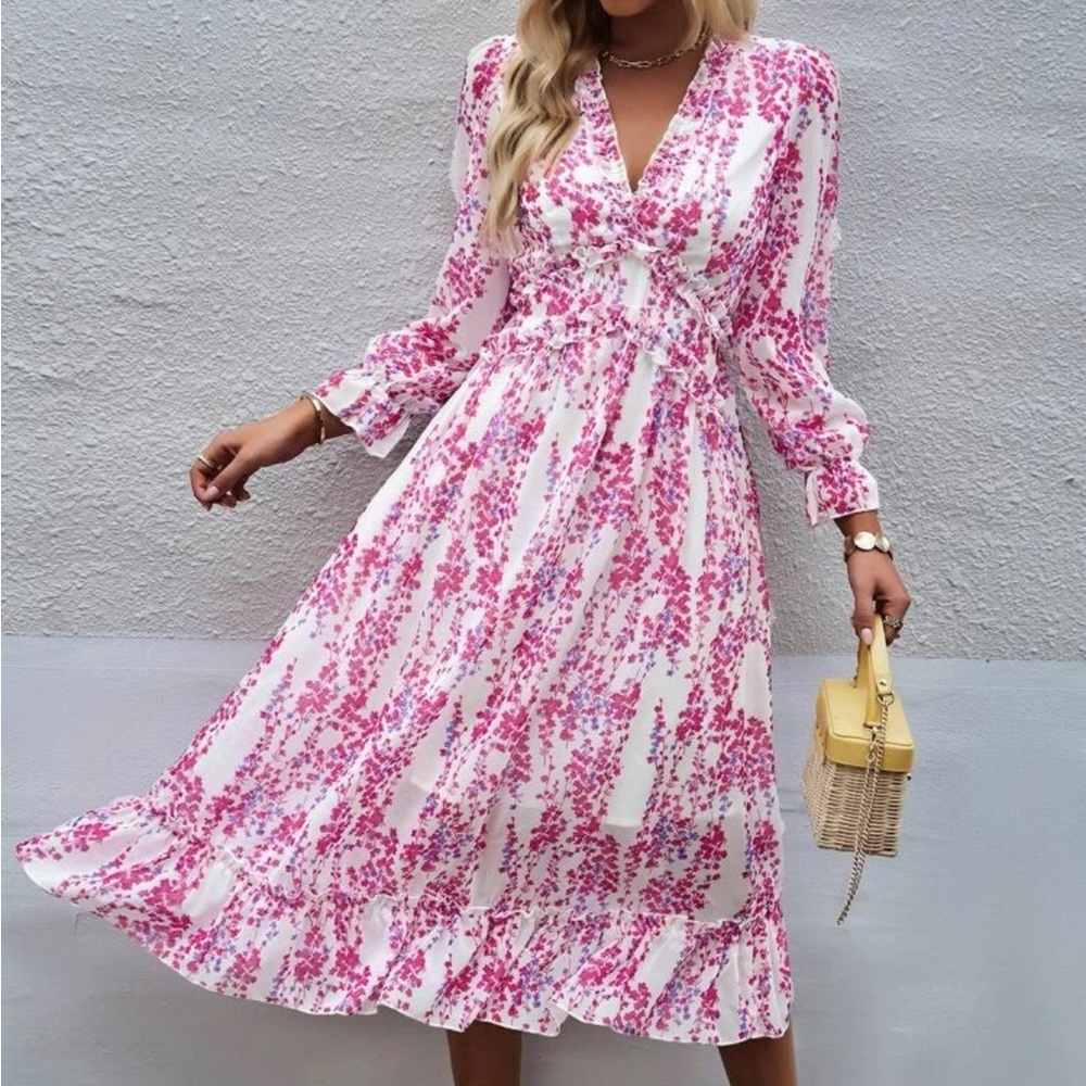 New pink floral print long sleeve dress